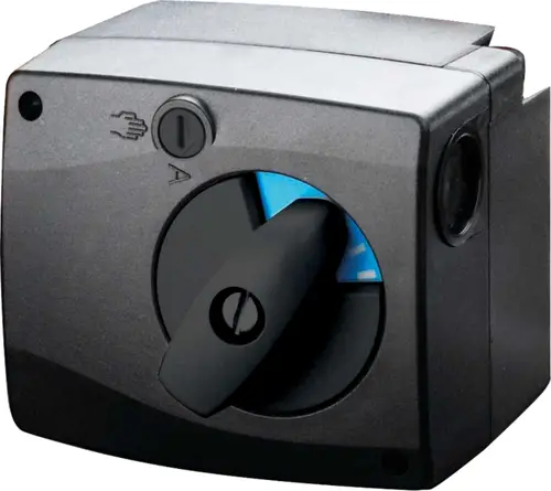Schwarzer Stellmotor der Marke Oventrop mit drehbarem Griff und seitlichem Anschluss. Eignet sich für Regelsysteme, sichtbar sind eine Hand-Symbol und eine Nummer.
